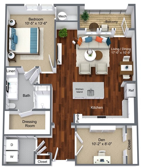 Floor plan for 2 beds, 1 bath, 943 sqft